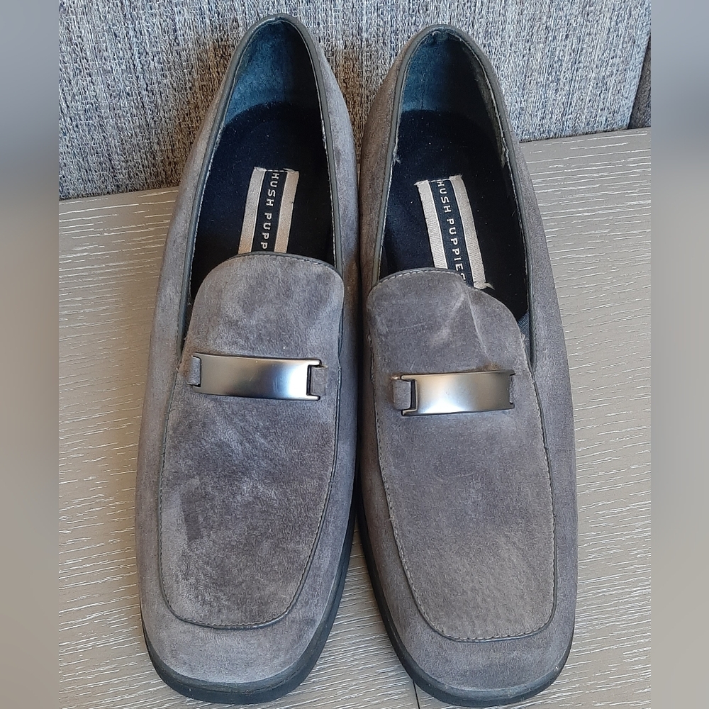 Hush Puppies Gray Suede Loafers with Metal Accent